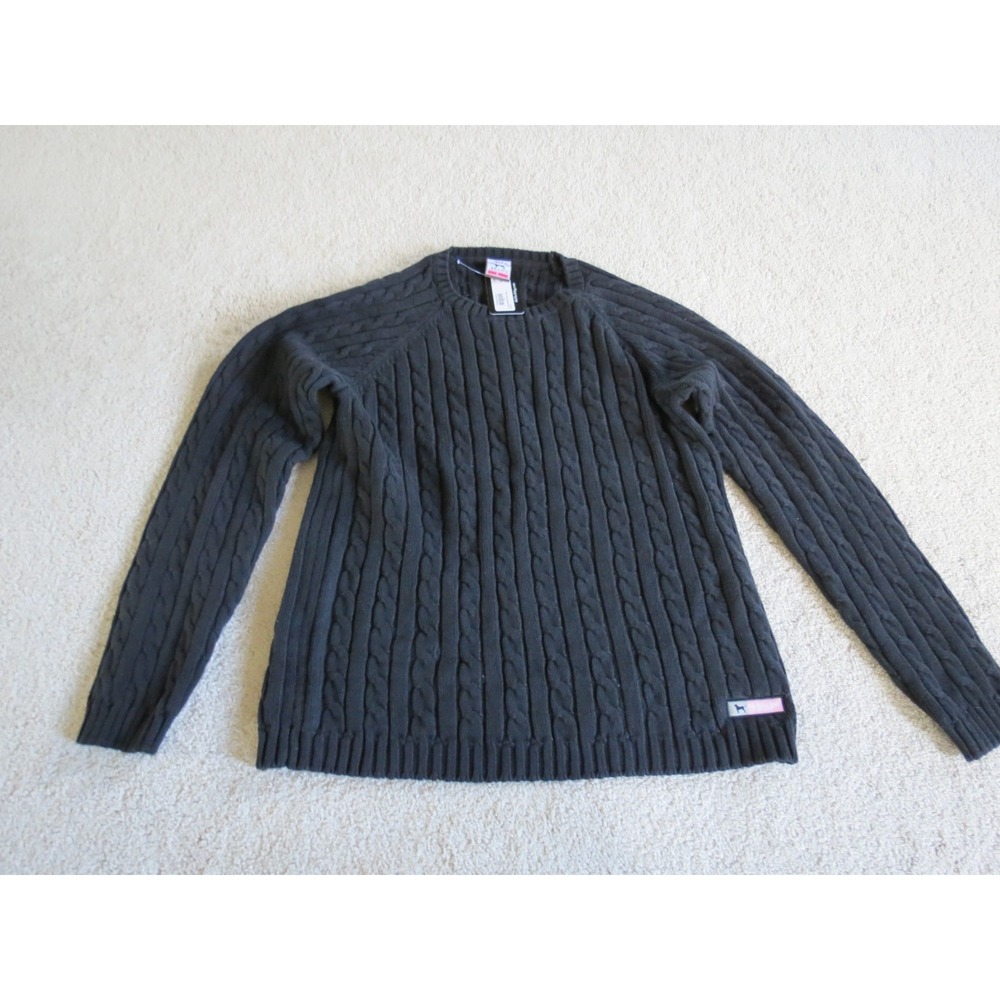 The Black Dog Women Black Cable Knit Crew Neck Sweater Large NWT
